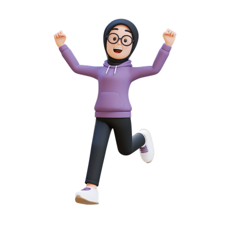 Muslim Girl Jumping With Excitement And Accomplishment  3D Illustration