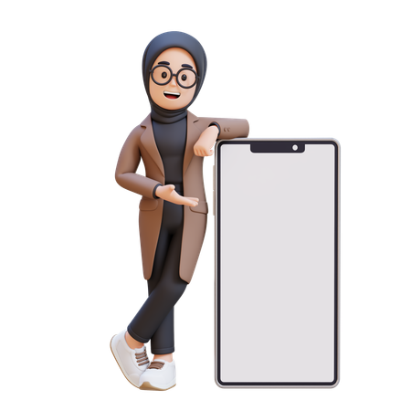 Muslim Girl Laying And Presenting On Big Smart Phone With Empty Screen  3D Icon