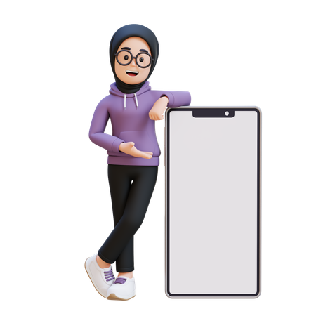 Muslim Girl Laying And Presenting On Big Smart Phone With Empty Screen  3D Icon