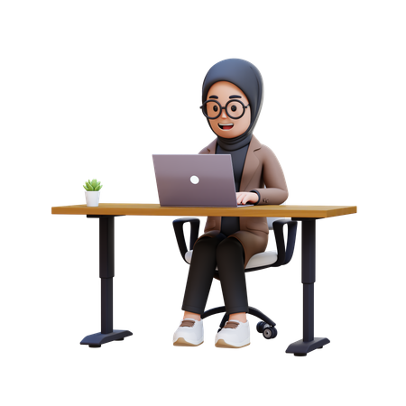 Muslim Girl Sitting At Desk With Laptop  3D Illustration