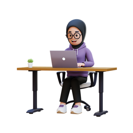 Muslim Girl Sitting At Desk With Laptop  3D Illustration