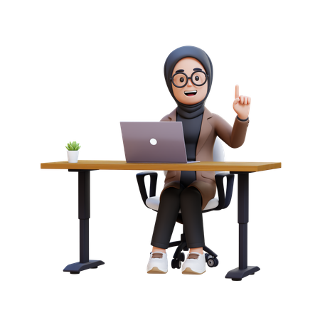 Muslim Girl Sitting At Desk With Laptop And Got An Idea  3D Illustration