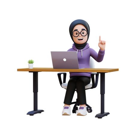 Muslim Girl Sitting At Desk With Laptop And Got Idea  3D Illustration