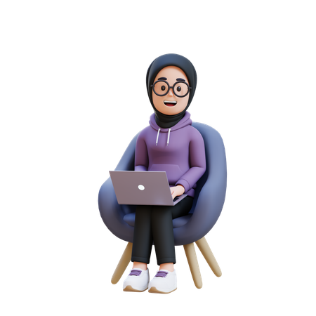 Muslim Girl Sitting In Chair With Laptop In Front Of Her  3D Illustration
