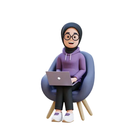 Muslim Girl Sitting In Chair With Laptop In Front Of Her  3D Illustration