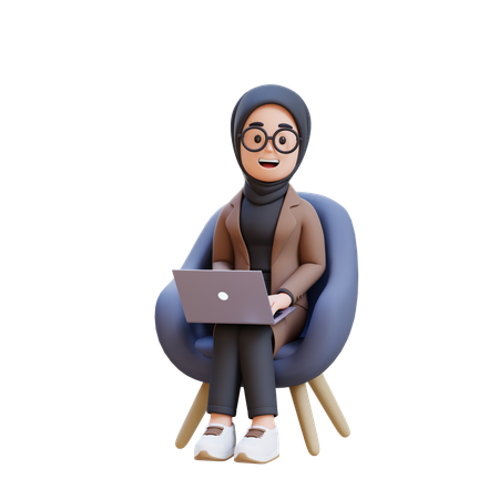 Muslim Girl Sitting In Chair With Laptop In Front Of Her  3D Illustration