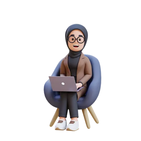 Muslim Girl Sitting In Chair With Laptop In Front Of Her  3D Illustration