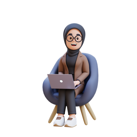 노트북을 앞에 두고 의자에 앉아 있는 무슬림 소녀  3D Icon