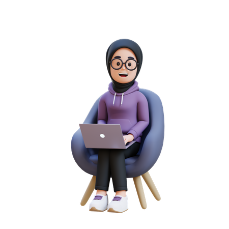노트북을 앞에 두고 의자에 앉아 있는 무슬림 소녀  3D Icon