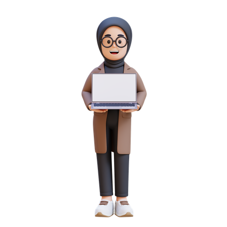 Muslim Girl Standing And Holding Laptop  3D Illustration