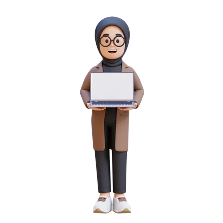 Muslim Girl Standing And Holding Laptop  3D Illustration