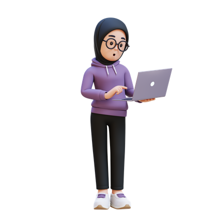 Muslim Girl Standing Confused While Working On Laptop  3D Illustration