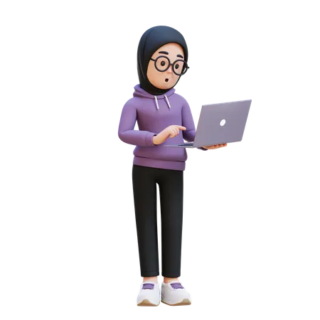 Muslim Girl Standing Confused While Working On Laptop  3D Illustration