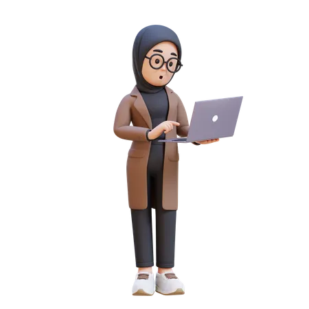 Muslim Girl Standing Confused Working On Laptop  3D Illustration