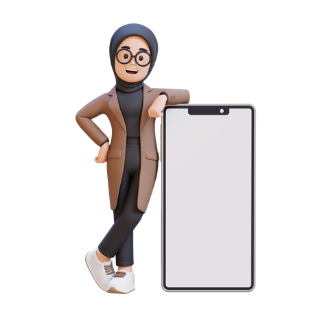 Muslim Girl Standing Next To A Blank Cell Phone  3D Illustration