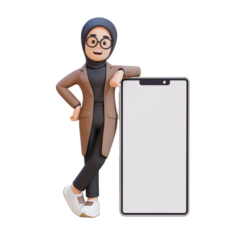 Muslim Girl Standing Next To A Blank Cell Phone  3D Illustration