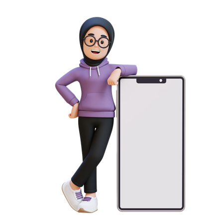 Muslim Girl Standing Next To Blank Cell Phone  3D Illustration