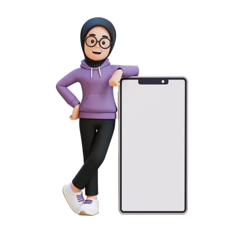 Muslim Girl Standing Next To Blank Cell Phone  3D Illustration