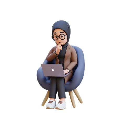 Muslim Girl Thinking And Sitting In Chair With Laptop In Front Of Her  3D Illustration
