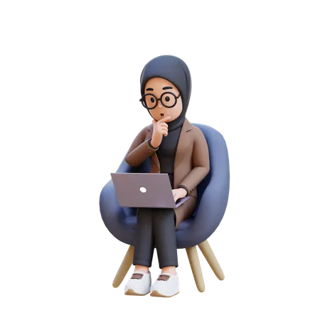 Muslim Girl Thinking And Sitting In Chair With Laptop In Front Of Her  3D Illustration