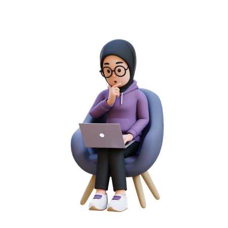 Muslim Girl Thinking While Sitting In Chair With Laptop In Front Of Her  3D Illustration
