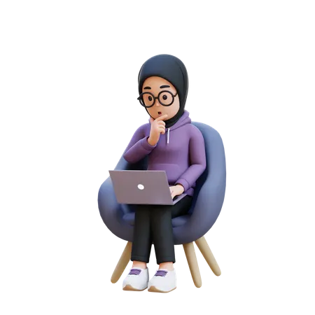 Muslim Girl Thinking While Sitting In Chair With Laptop In Front Of Her  3D Illustration