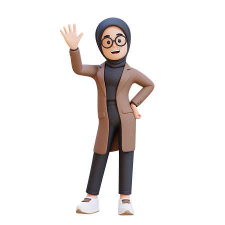 Muslim Girl Waving Hand And Saying Hello  3D Icon