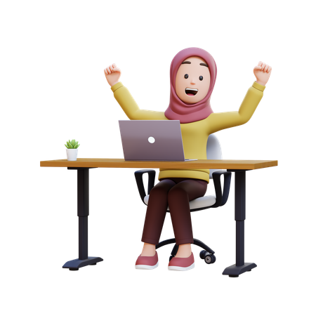 Muslim Girl With Hijab Celebrating In Desk With Laptop  3D Illustration