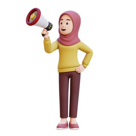 Muslim Girl With Hijab Doing Announcement Use Megaphone  3D Icon