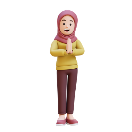Muslim Girl With Hijab Gesturing Traditional Greeting Hand  3D Illustration