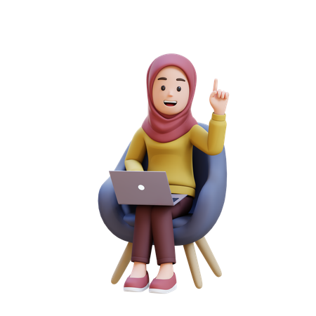 Muslim Girl With Hijab Getting Idea While Sitting On Sofa And Working On Laptop  3D Illustration