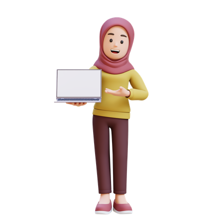 Muslim Girl With Hijab Holding And Presenting To Laptop With Empty Screen  3D Illustration