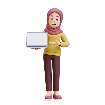 Muslim Girl With Hijab Holding And Presenting To Laptop With Empty Screen  3D Illustration