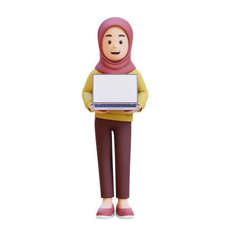 Muslim Girl With Hijab Holding Laptop  3D Illustration