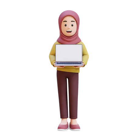 Muslim Girl With Hijab Holding Laptop  3D Illustration