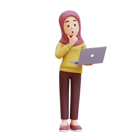 Muslim Girl With Hijab Holding Laptop And Thinking  3D Icon