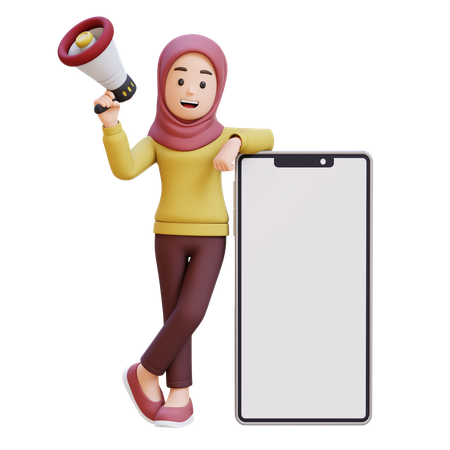 Muslim Girl With Hijab Holding Megaphone And Standing Next To Big Cell Phone  3D Icon