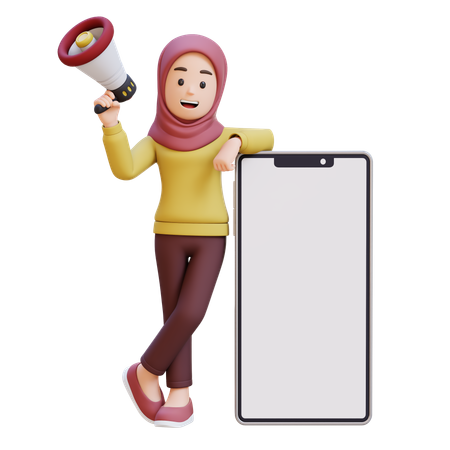 Muslim Girl With Hijab Holding Megaphone And Standing Next To Big Cell Phone  3D Illustration