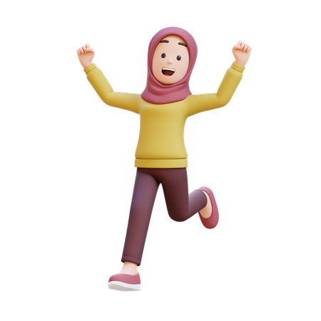 Muslim Girl With Hijab Jumping With Excitement And Accomplishment  3D Illustration