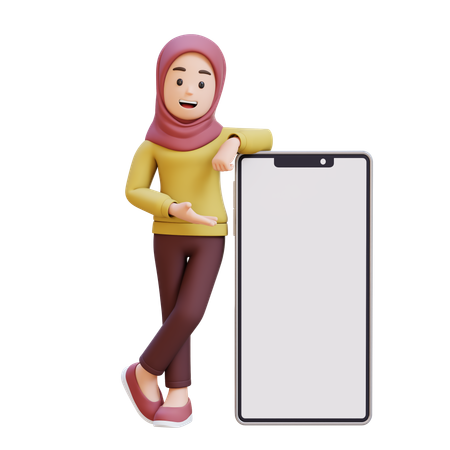 Muslim Girl With Hijab Laying And Presenting On Big Smart Phone With Empty Screen  3D Icon