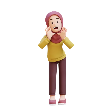 Muslim Girl With Hijab Reclines On Her Hands And Shouting  3D Illustration