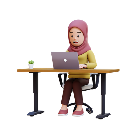 Muslim Girl With Hijab Sitting At Desk With Laptop  3D Illustration