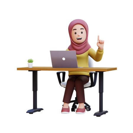 Muslim Girl With Hijab Sitting At Desk With Laptop And Got Idea  3D Illustration