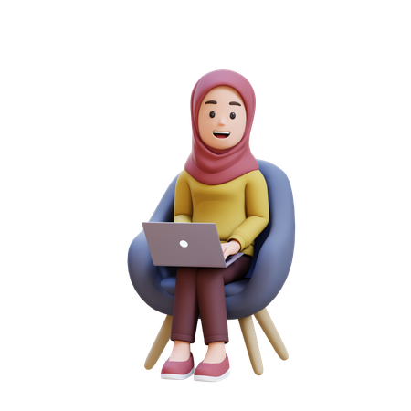 Muslim Girl With Hijab Sitting In Chair With Laptop In Front Of Her  3D Illustration