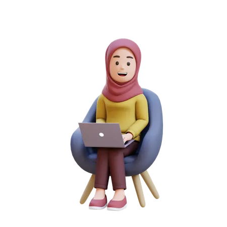 Muslim Girl With Hijab Sitting In Chair With Laptop In Front Of Her  3D Illustration