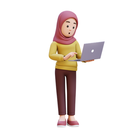 Muslim Girl With Hijab Standing Confused While Working On Laptop  3D Illustration