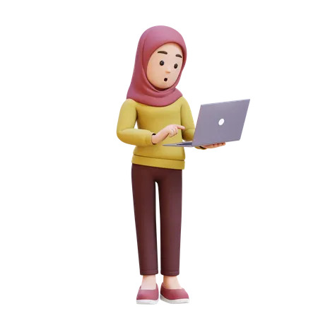 Muslim Girl With Hijab Standing Confused While Working On Laptop  3D Illustration
