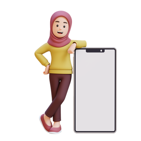 Muslim Girl With Hijab Standing Next To Blank Cell Phone  3D Icon