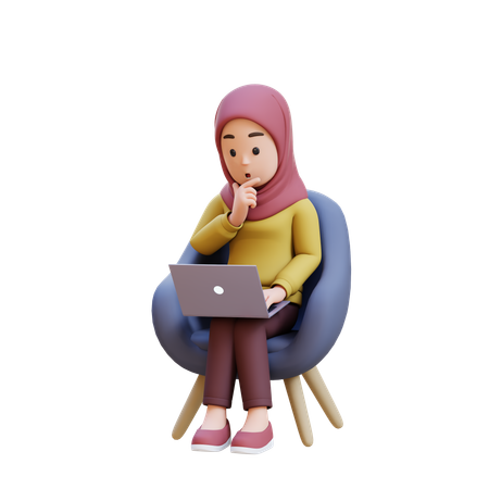 Muslim Girl With Hijab Thinking While Sitting In Chair With Laptop In Front Of Her  3D Illustration