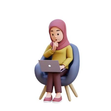 Muslim Girl With Hijab Thinking While Sitting In Chair With Laptop In Front Of Her  3D Illustration